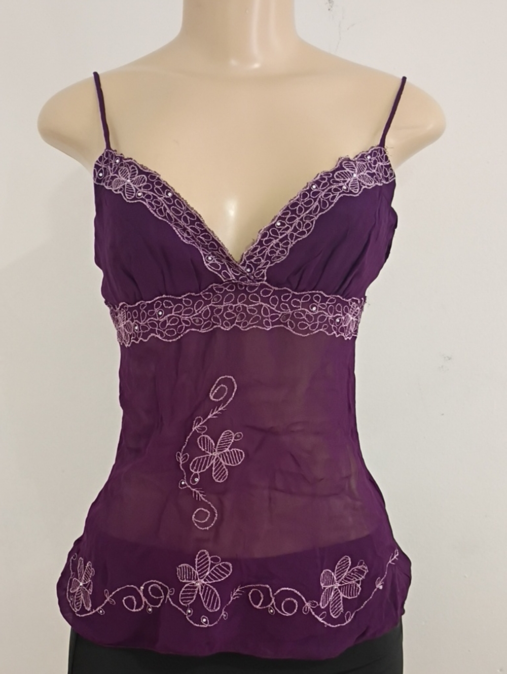 Rampage Purple Sheer Embroidered Lace-Trim Camisole